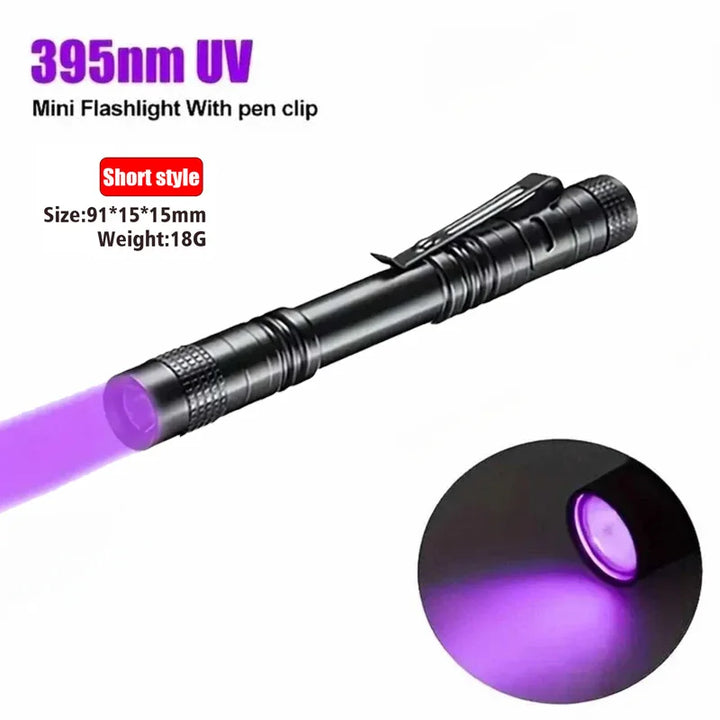 UV Flashlight 365nm Ultraviolet Torch With Pen Clip Portable AAA